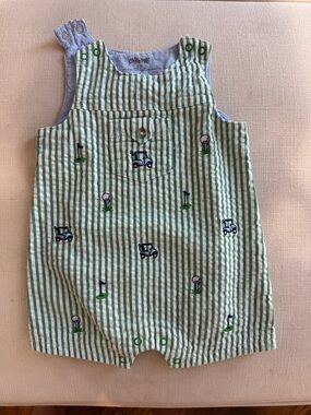 Little Me Green and White Striped Golf Cart Embroidered One-Piece